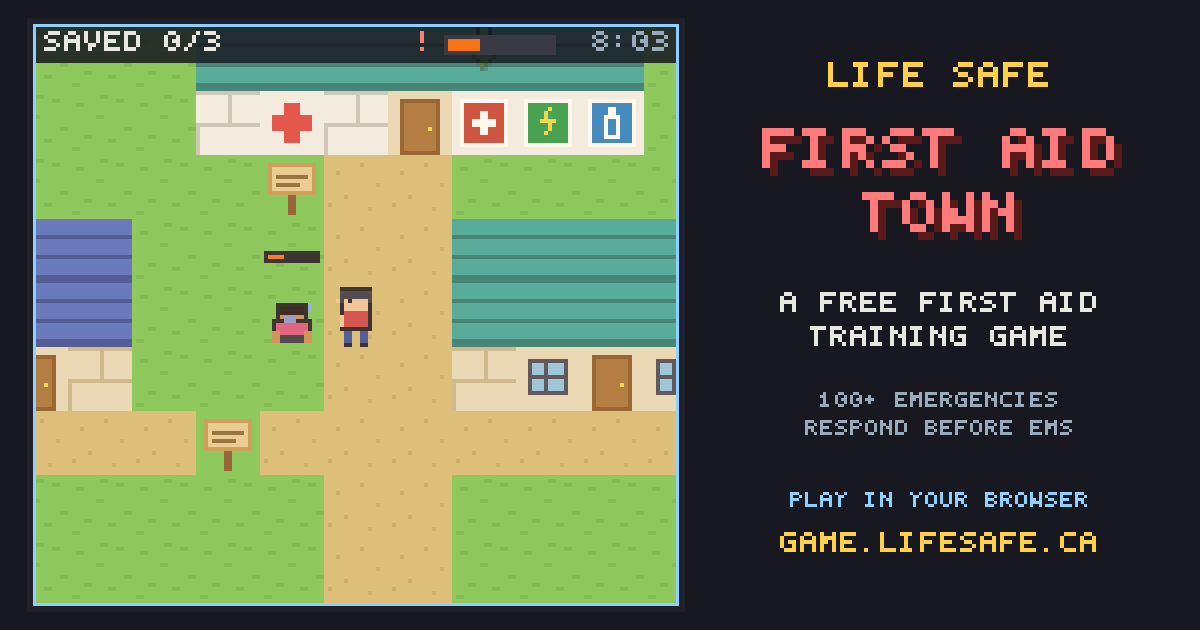 First Aid Town screenshot: a pixel-art town with a clinic, a first responder and a patient, next to the title Life Safe First Aid Town, a free first aid training game with 100+ emergencies.